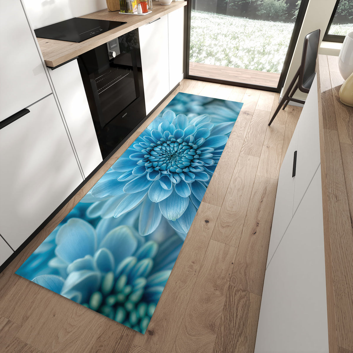 Bodenschonender waschbarer Läufer für die Küche mit Motiv Blume von Blaue in moderner Küche