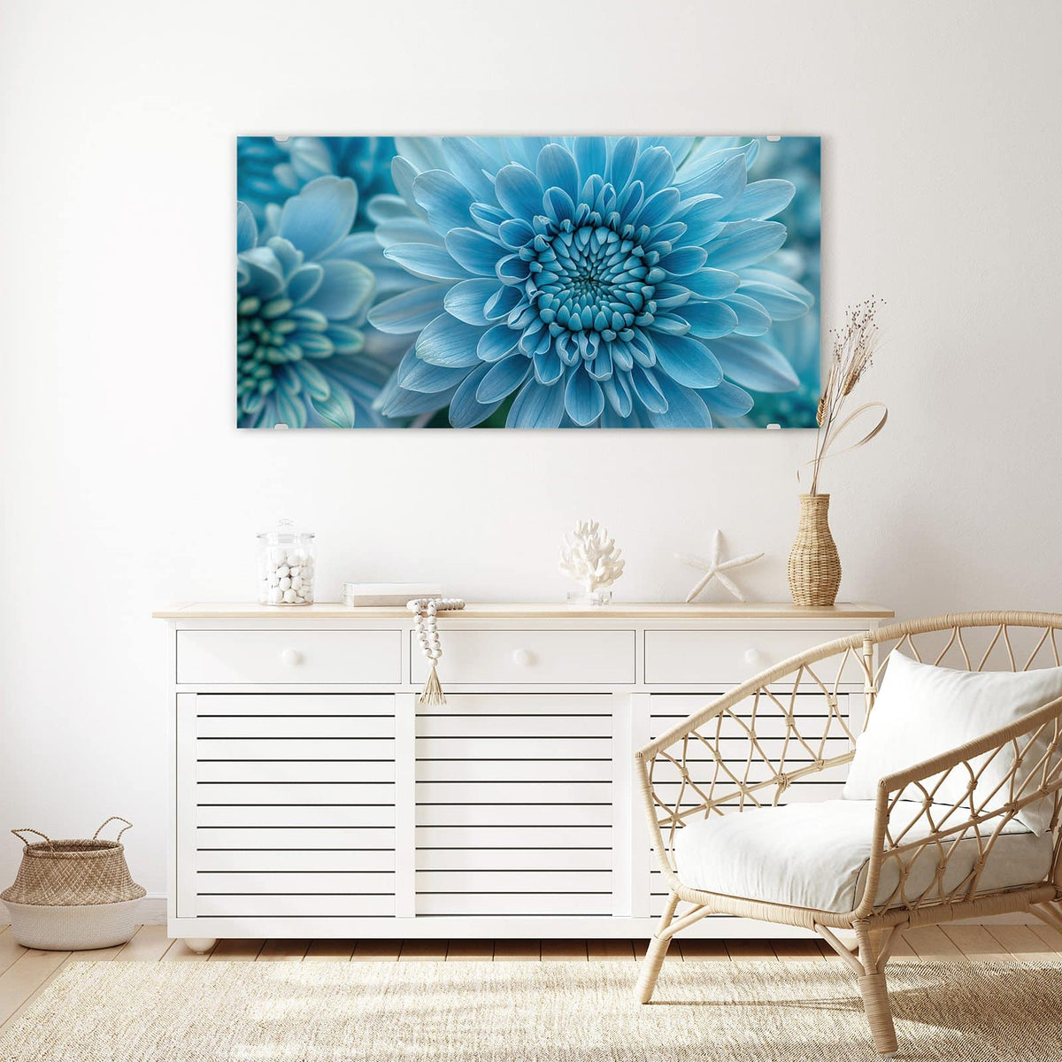 Echtglas, 4 mm – kein Acryl, keine Folie – Wandbild - Blüte mit Türkiskern - Querformat