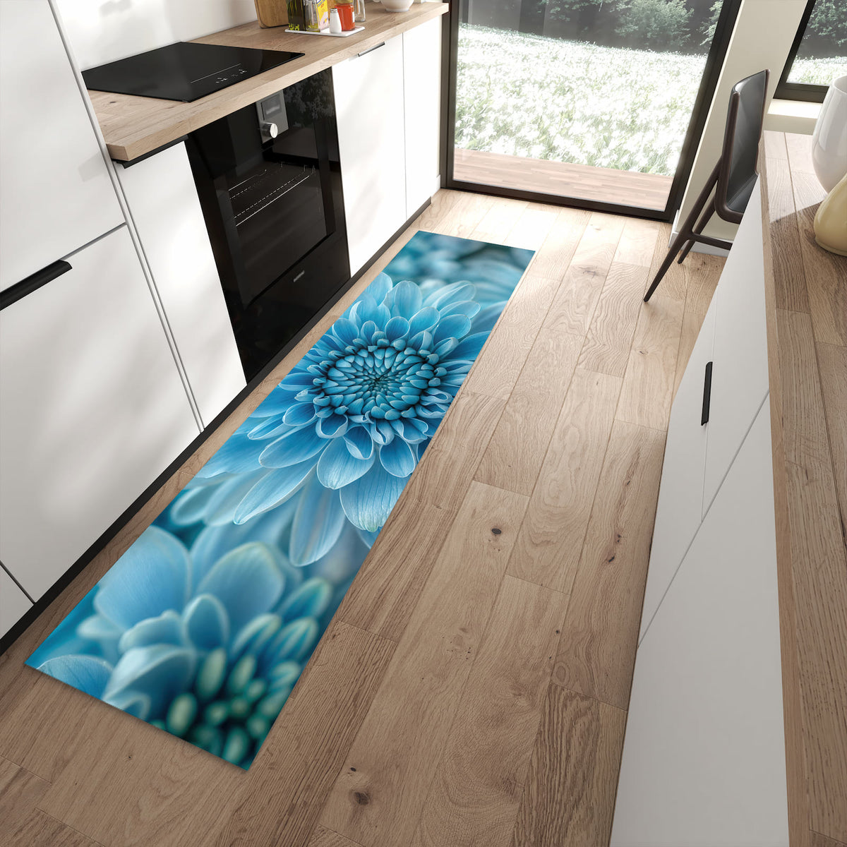 Strapazierfähiger Küchenvorleger mit Motiv Blume von Blaue in moderner Küche