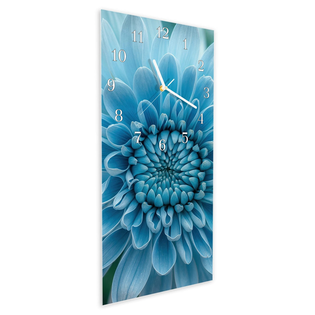 Vormontiert – mit Schwebeeffekt – Wanduhr Blaue Blüte Makro aus Glas – Hochformat 30 × 60 cm