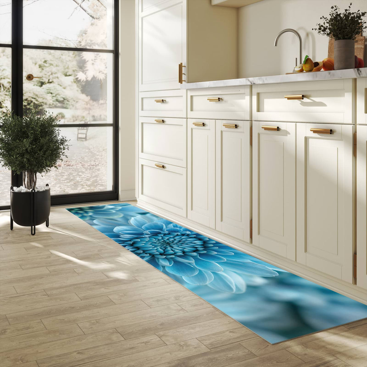 Farbbeständiger rutschfester Küchenteppich mit Motiv Blume von Blaue in heller Küche