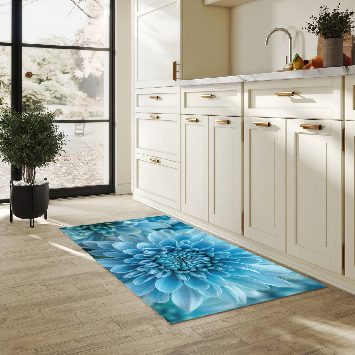 UV-beständiger rutschfester Küchenläufer mit Motiv Blume von Blaue in heller Küche