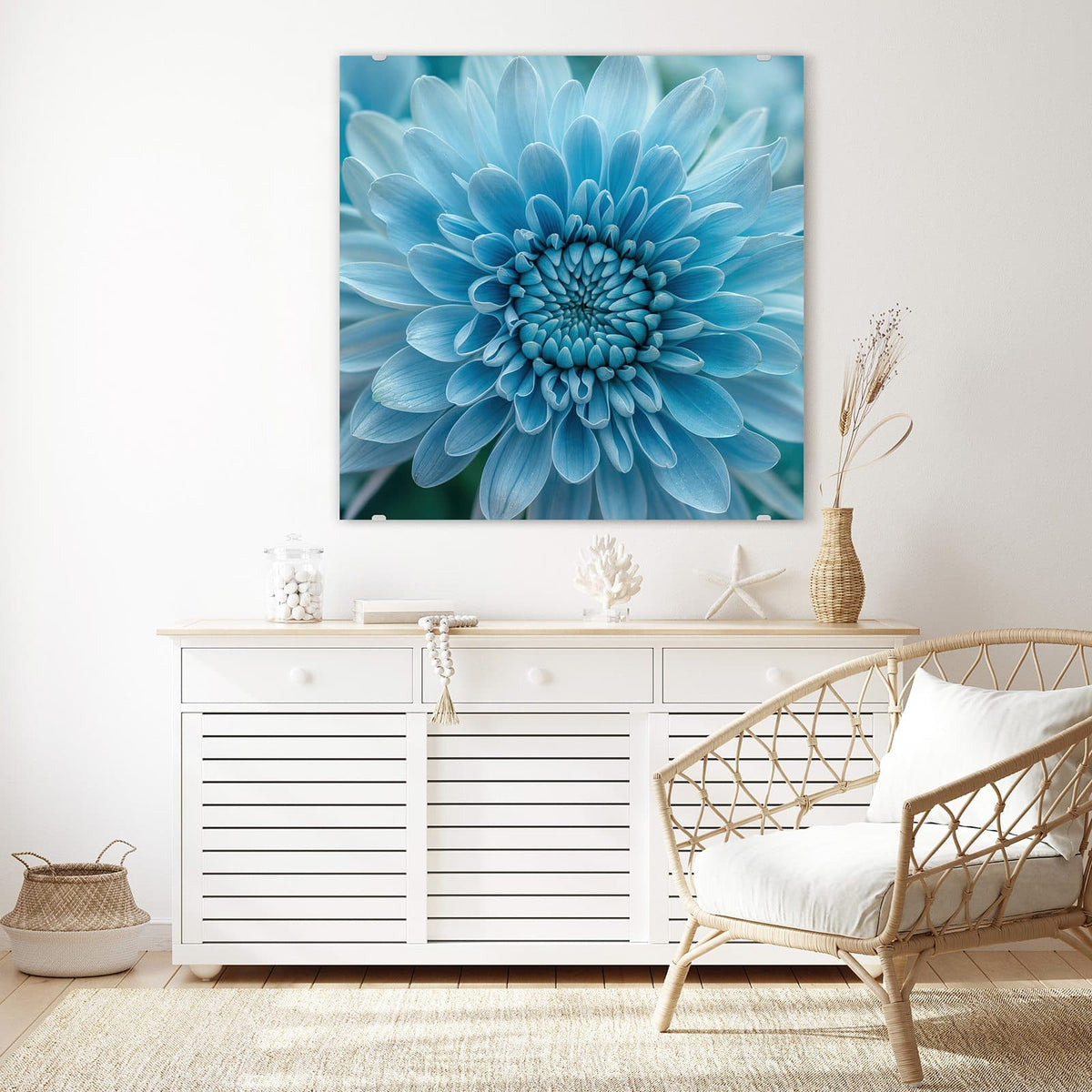 Echtglas, 4 mm – kein Acryl, keine Folie – Wandbild - Blüte mit Türkiskern - Quadratisch