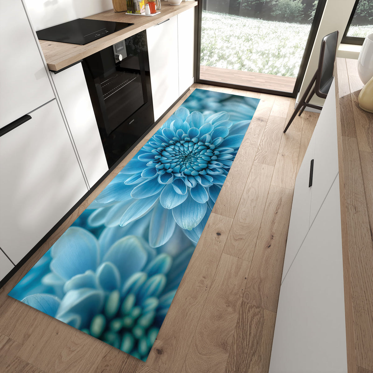Waschbarer Küchenläufer mit Motiv Blume von Blaue für Ordnung in moderner Küche