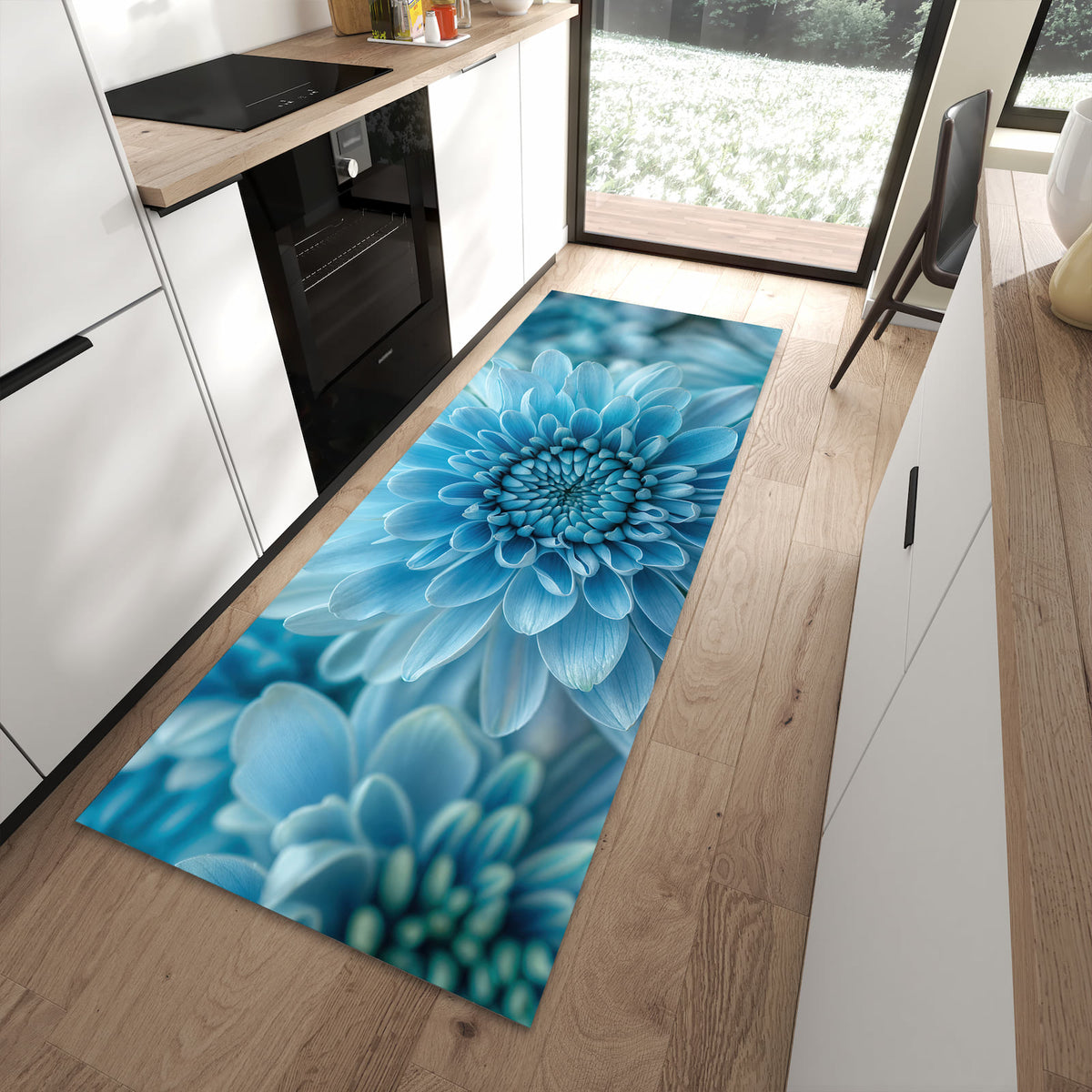 Formstabiler Läufer mit Motiv Blume von Blaue in moderner Küche für rutschfesten Stand