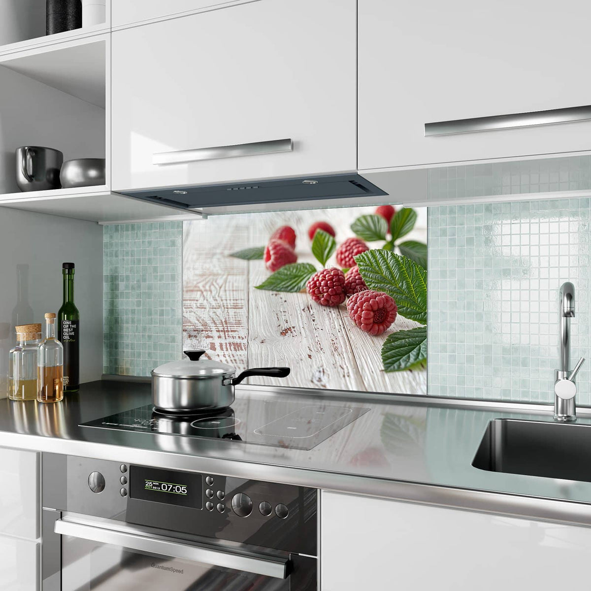 Küchenrückwand aus Glas Himbeeren auf Weiß im Hochformat als Spritzschutz hinter dem Kochfeld, über dem Fliesenspiegel montiert
