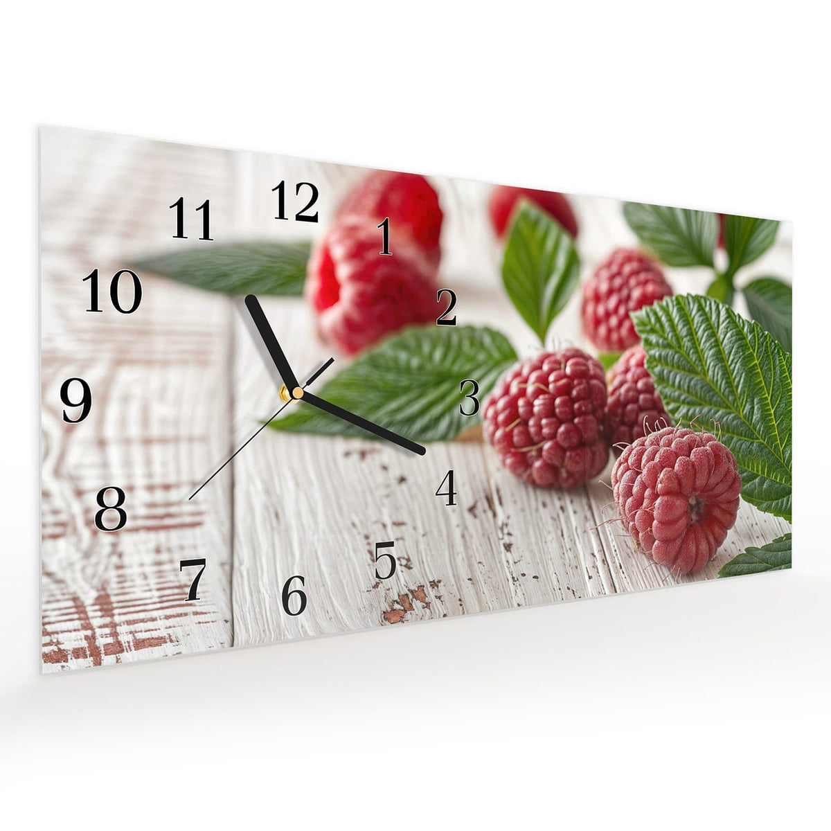Vormontiert – mit Schwebeeffekt – Wanduhr Himbeeren Holztisch aus Glas – Querformat 60 × 30 cm
