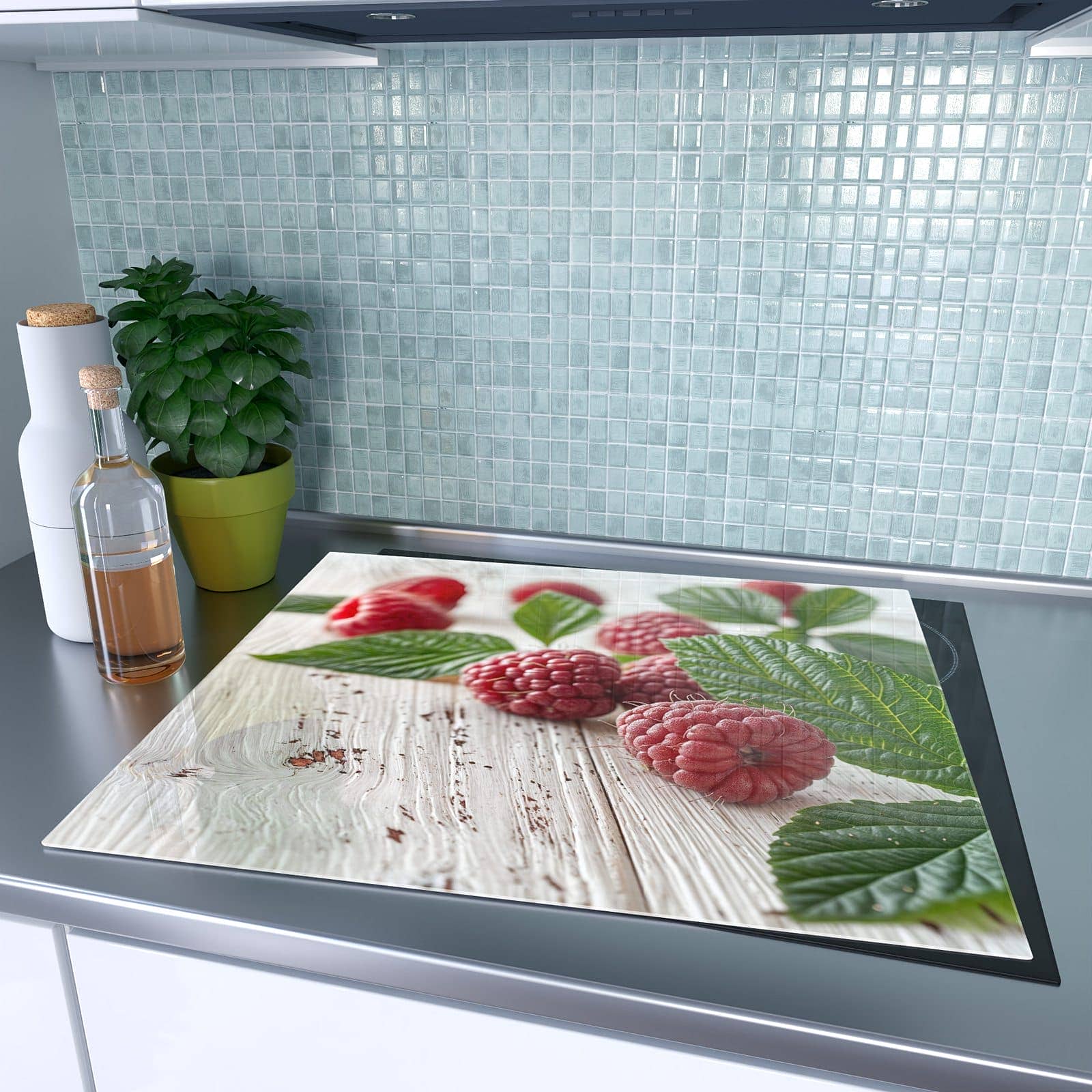 1-teilige Herdabdeckung aus Glas mit Himbeeren Holztisch-Motiv auf dem Ceranfeld