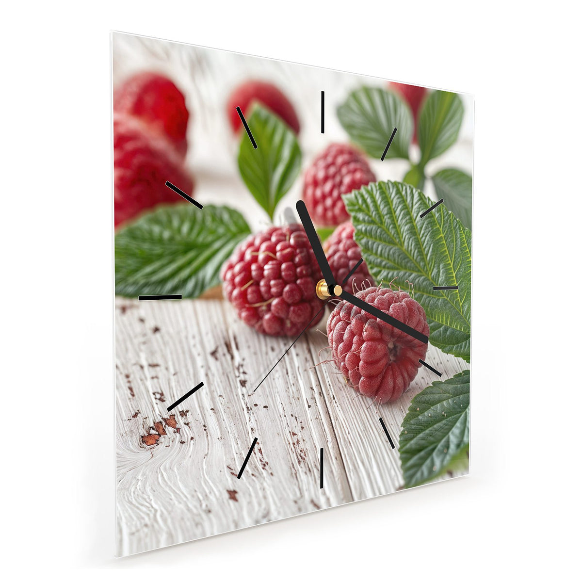 Quadratische Wanduhr aus Glas Himbeeren auf Weiß schräg von der Seite, 4 mm starkes Glas