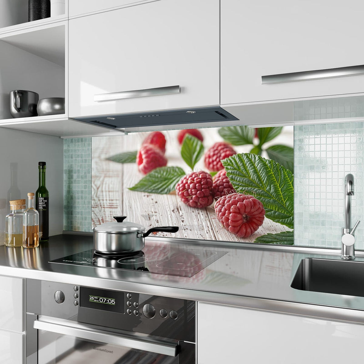 Küchenrückwand aus Glas Himbeeren auf Weiß im Hochformat als Spritzschutz hinter dem Kochfeld, über dem Fliesenspiegel montiert