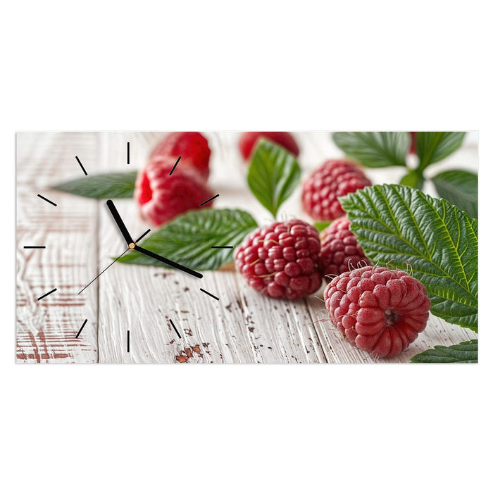 Wanduhr Himbeeren Holztisch aus Glas – Querformat 60 × 30 cm mit Ziffernblatt Linie