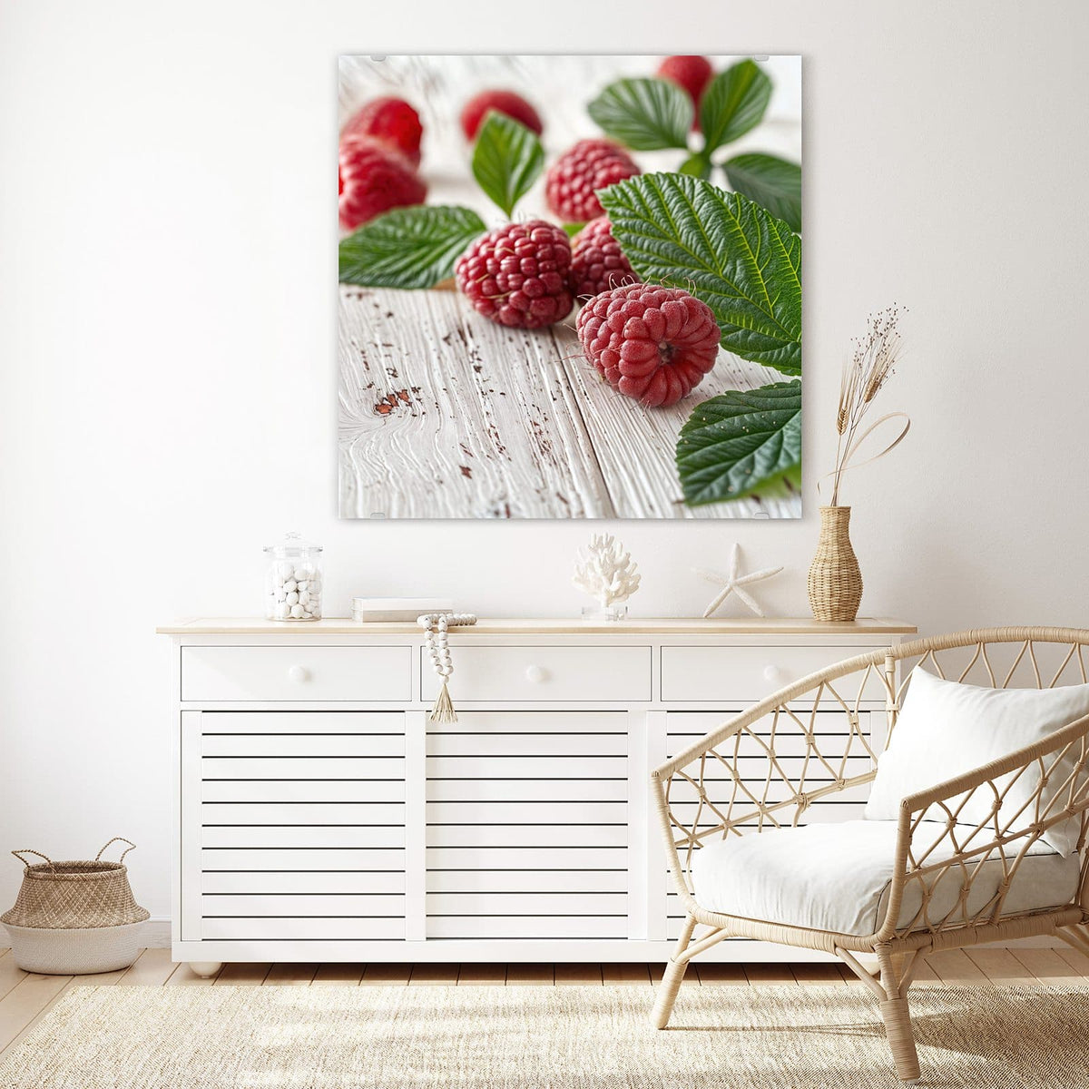 Echtglas, 4 mm – kein Acryl, keine Folie – Wandbild - Himbeeren auf Weiß - Quadratisch
