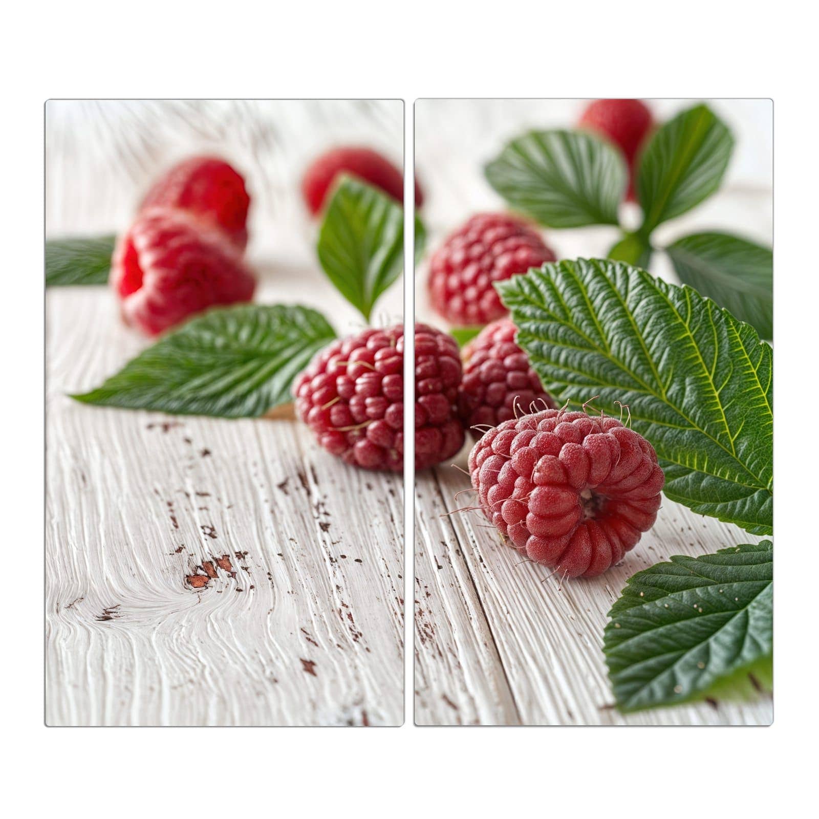 2-teilige Herdabdeckplatte mit Himbeeren Holztisch-Motiv in der Frontansicht #grösse_2-Teilig (60x52cm)