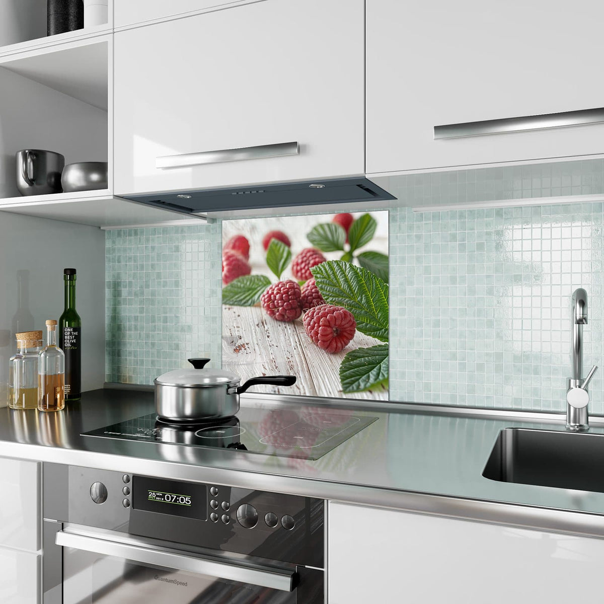 Küchenrückwand Himbeeren auf Weiß aus Glas – Himbeeren auf weißem Holz