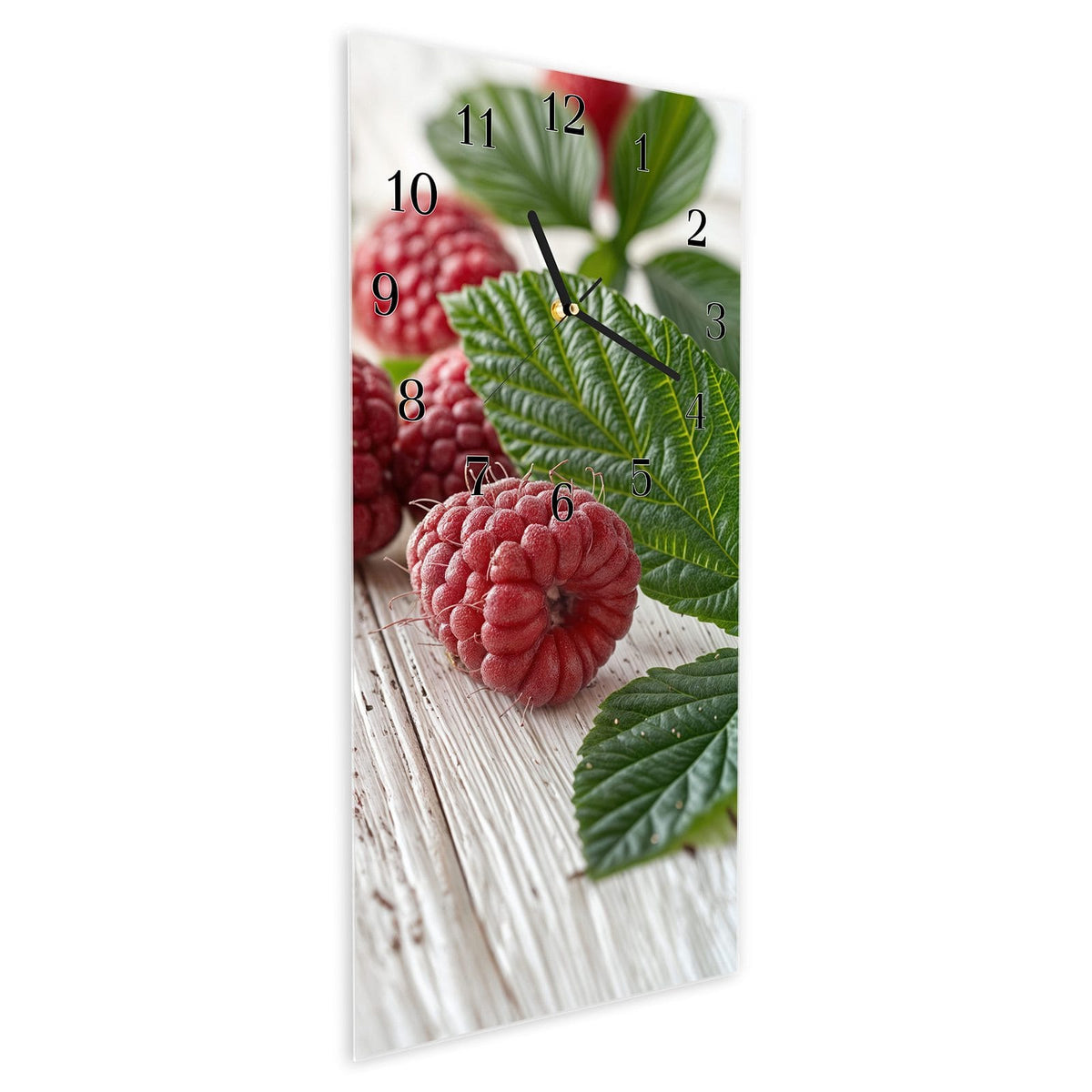 Vormontiert – mit Schwebeeffekt – Wanduhr Himbeeren Holztisch aus Glas – Hochformat 30 × 60 cm