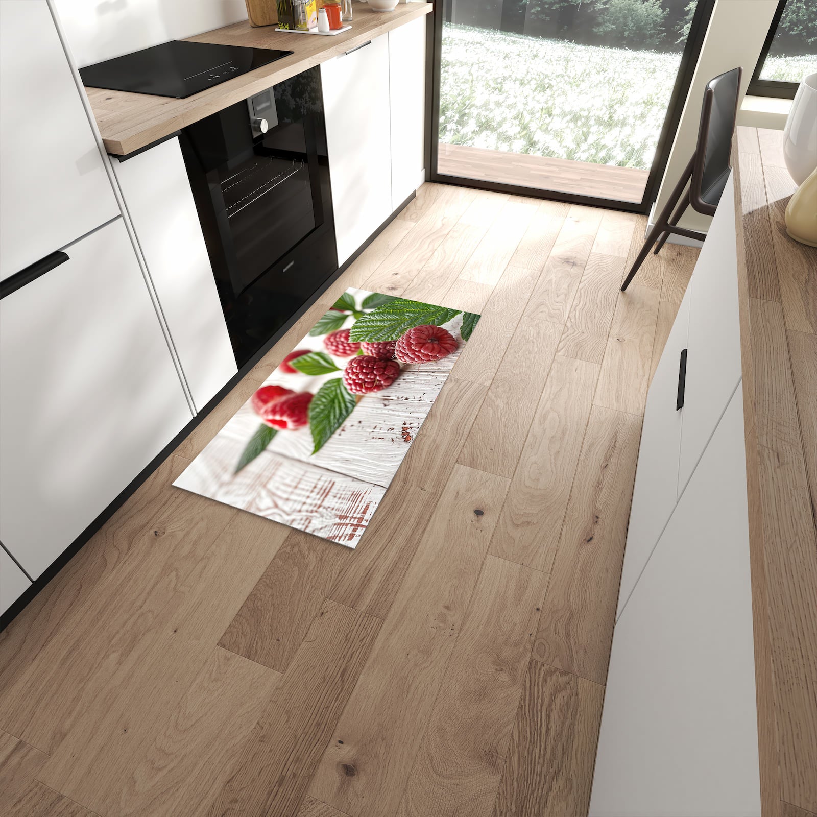 Geräuschdämpfender waschbarer Küchenläufer mit Motiv Himbeeren Holztisch in moderner Küche #grösse_60 x 120 cm