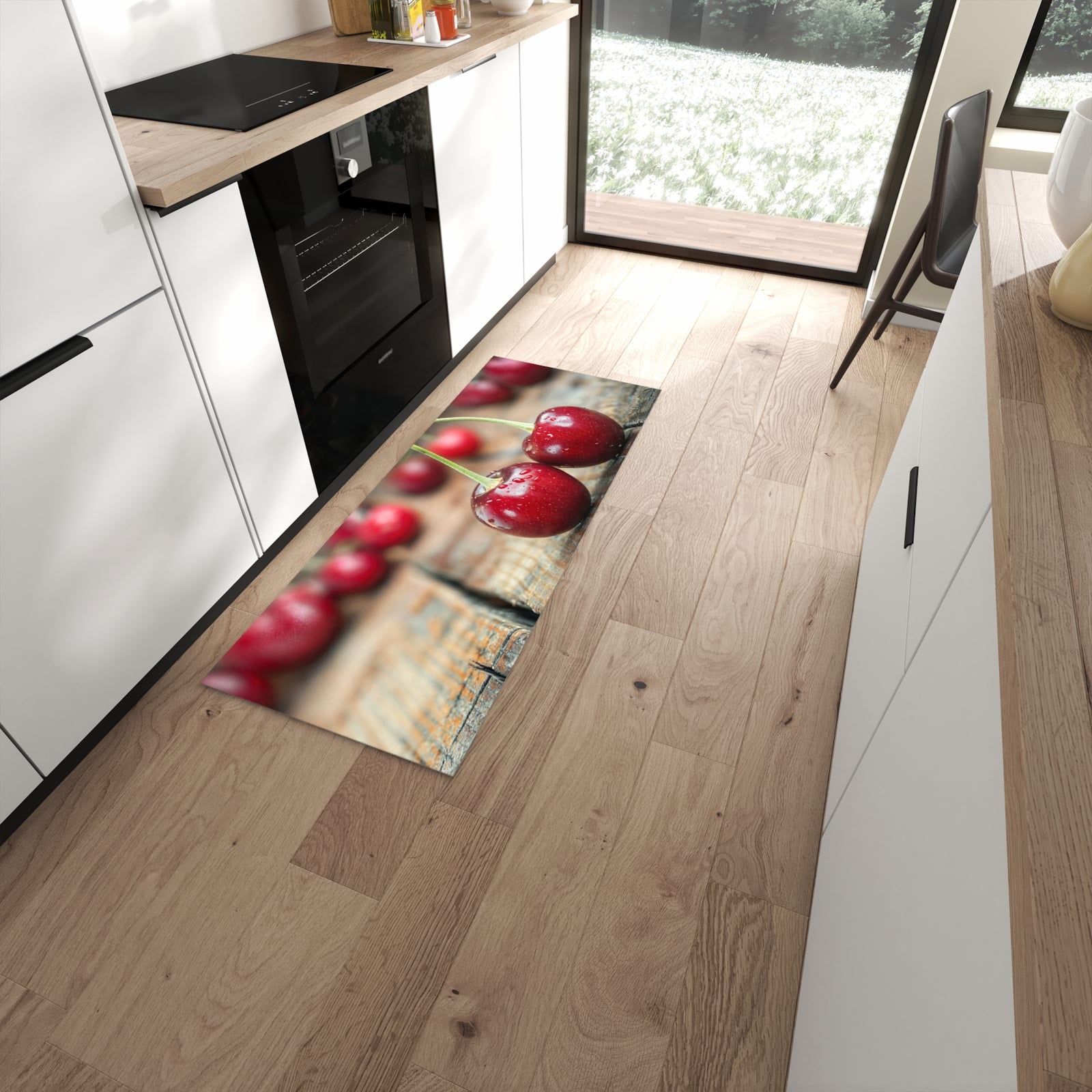 Strapazierfähiger rutschfester Küchenteppich mit Motiv Kirschen des Frische in moderner Küche #grösse_60 x 150 cm