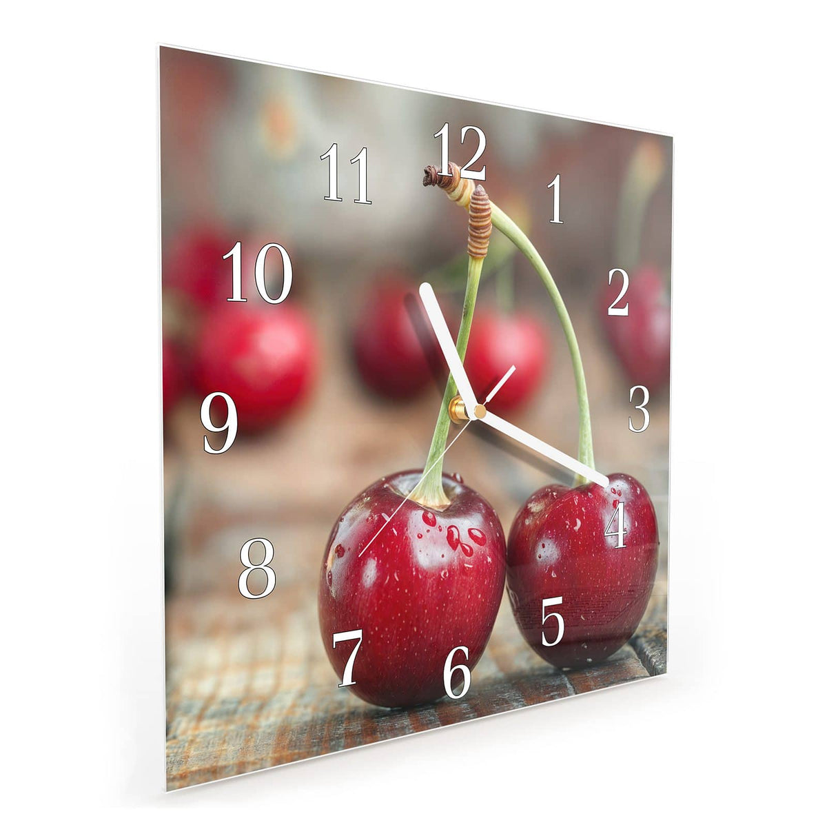 Quadratische Wanduhr aus Glas Zwei Kirschen auf Holz schräg von der Seite, 4 mm starkes Glas