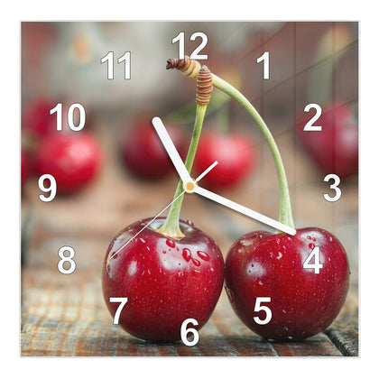 Wanduhr Quadratisch mit dem Motiv Zwei Kirschen auf Holz