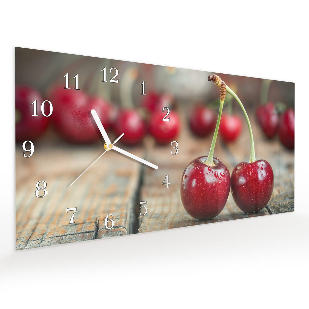 Vormontiert – mit Schwebeeffekt – Wanduhr Saftige Frische Kirschen aus Glas – Querformat 60 × 30 cm