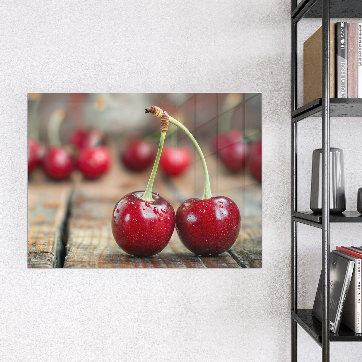 9 Größen – von 30 × 30 bis 120 × 90 cm – Glas Magnettafel - Zwei Kirschen auf Holz