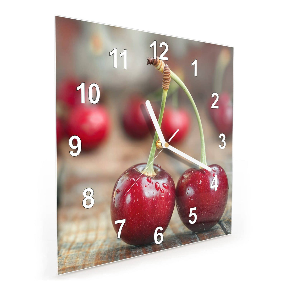 Quadratische Wanduhr aus Glas Zwei Kirschen auf Holz schräg von der Seite, 4 mm starkes Glas