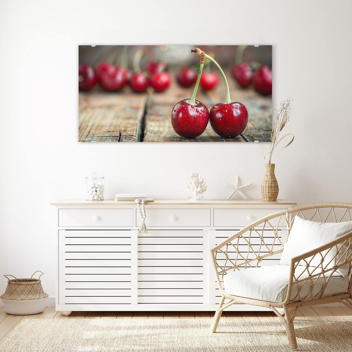 Echtglas, 4 mm – kein Acryl, keine Folie – Wandbild - Zwei Kirschen auf Holz - Querformat