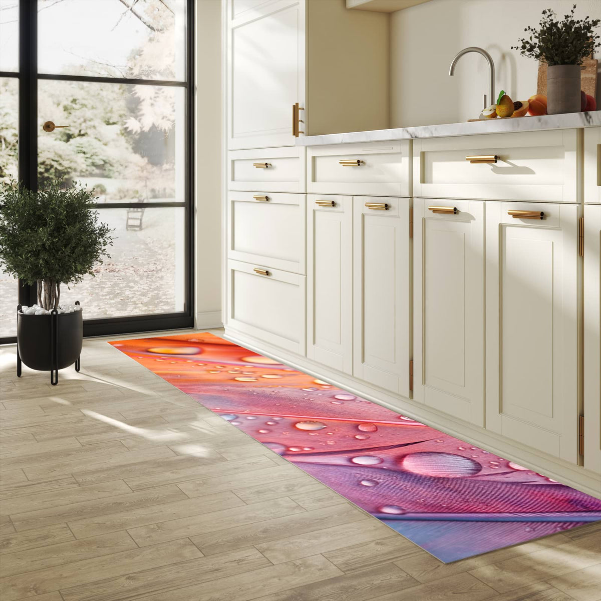 Abwaschbarer Küchenteppich mit Motiv Wassertropfen auf Federn in heller Küche