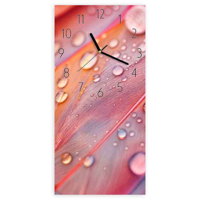 Wanduhr Wassertropfen auf Federn aus Glas – Hochformat 30 × 60 cm mit Ziffernblatt Elegant