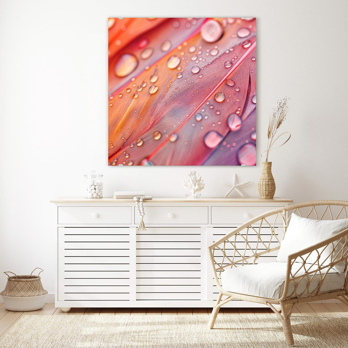 Echtglas, 4 mm – kein Acryl, keine Folie – Wandbild - Wassertropfen auf Federn - Quadratisch