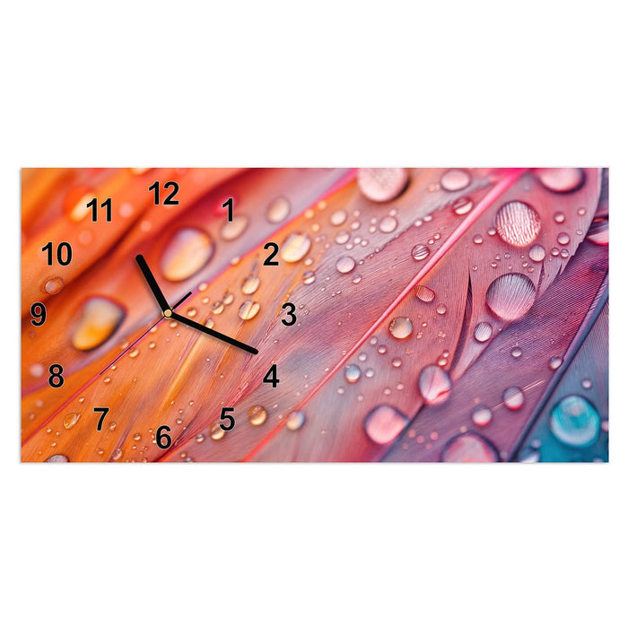 Wanduhr Wassertropfen auf Federn aus Glas – Querformat 60 × 30 cm mit Ziffernblatt Modern