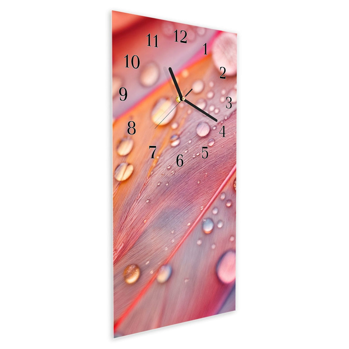 Vormontiert – mit Schwebeeffekt – Wanduhr Wassertropfen auf Federn aus Glas – Hochformat 30 × 60 cm