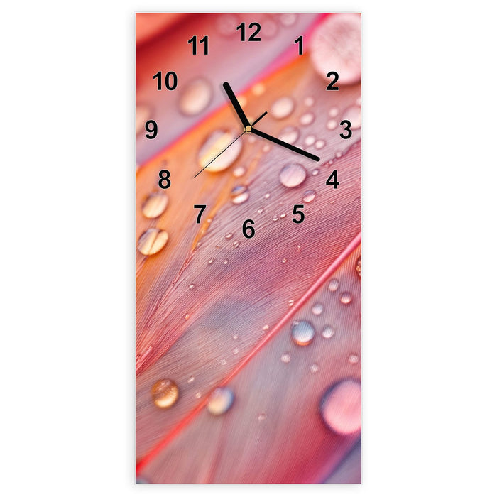 Wanduhr Wassertropfen auf Federn aus Glas – Hochformat 30 × 60 cm mit Ziffernblatt Modern