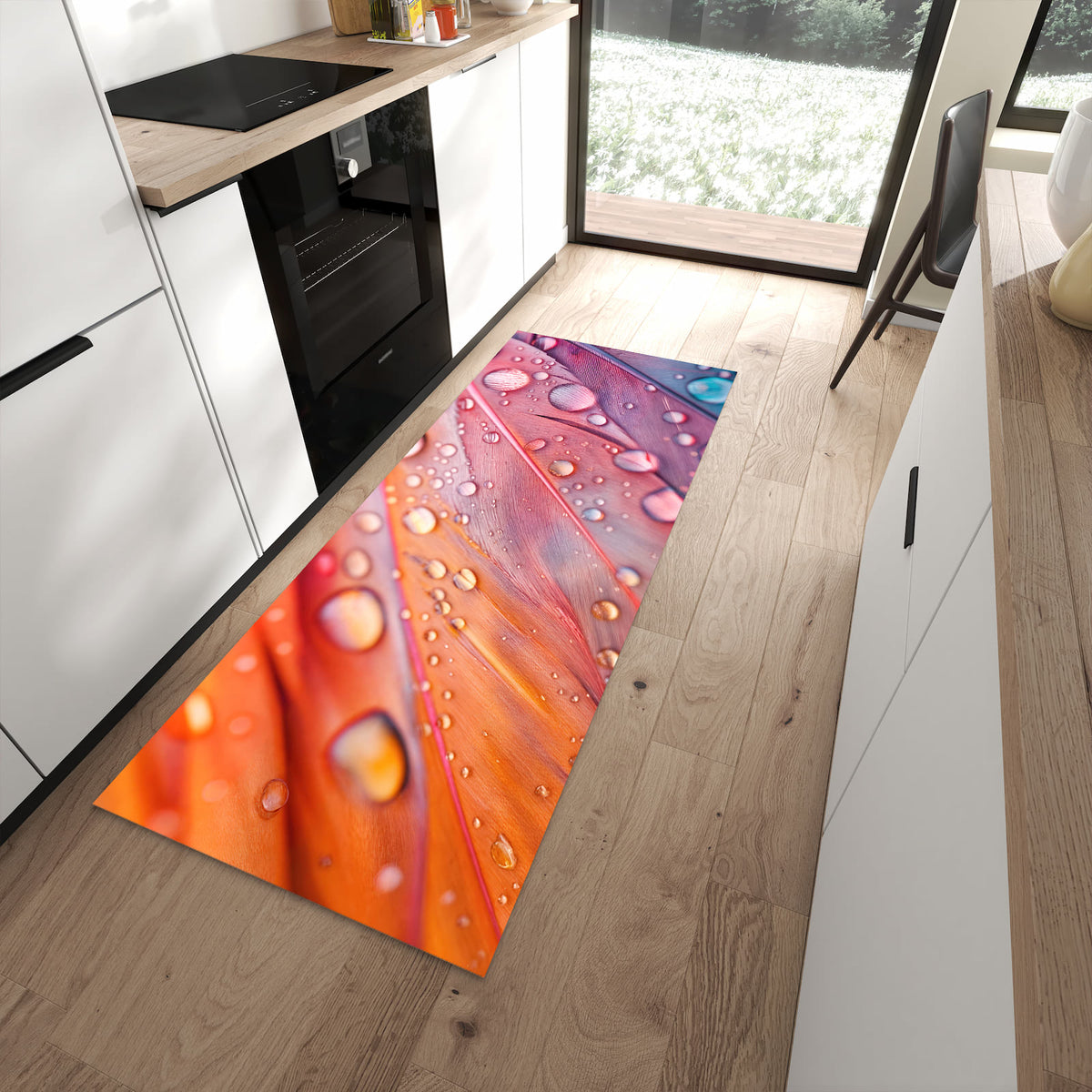Flacher Küchenteppich mit Motiv Wassertropfen auf Federn in moderner Küche - waschbar
