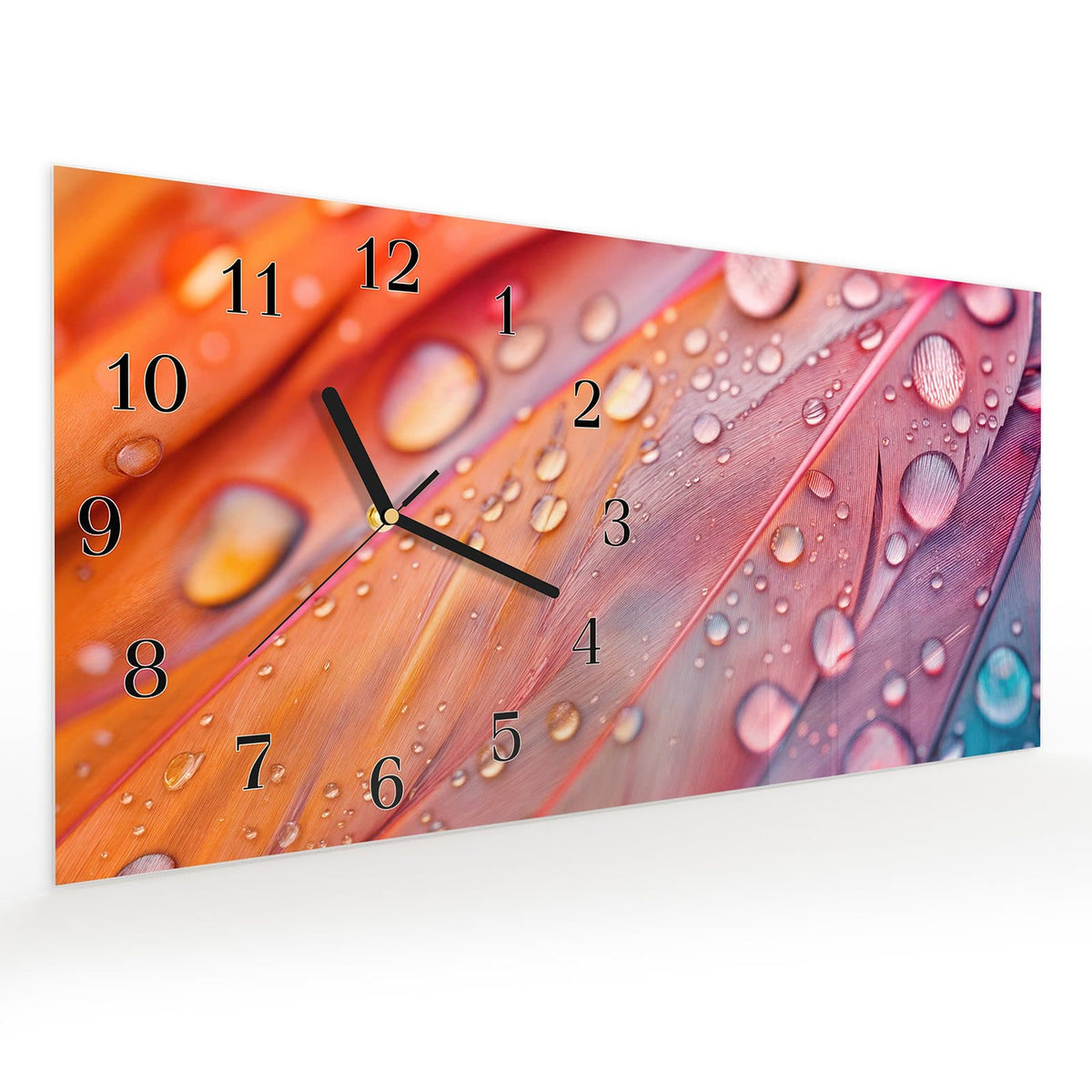 Vormontiert – mit Schwebeeffekt – Wanduhr Wassertropfen auf Federn aus Glas – Querformat 60 × 30 cm