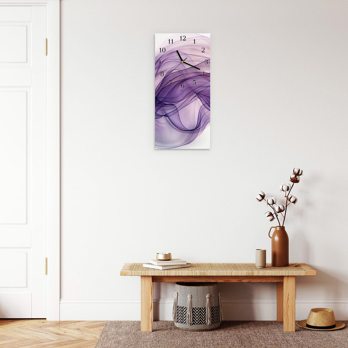 Moderne Wanduhr aus Glas mit Farbtiefe – Wanduhr Schwungvolle Linien aus Glas – Hochformat 30 × 60 cm
