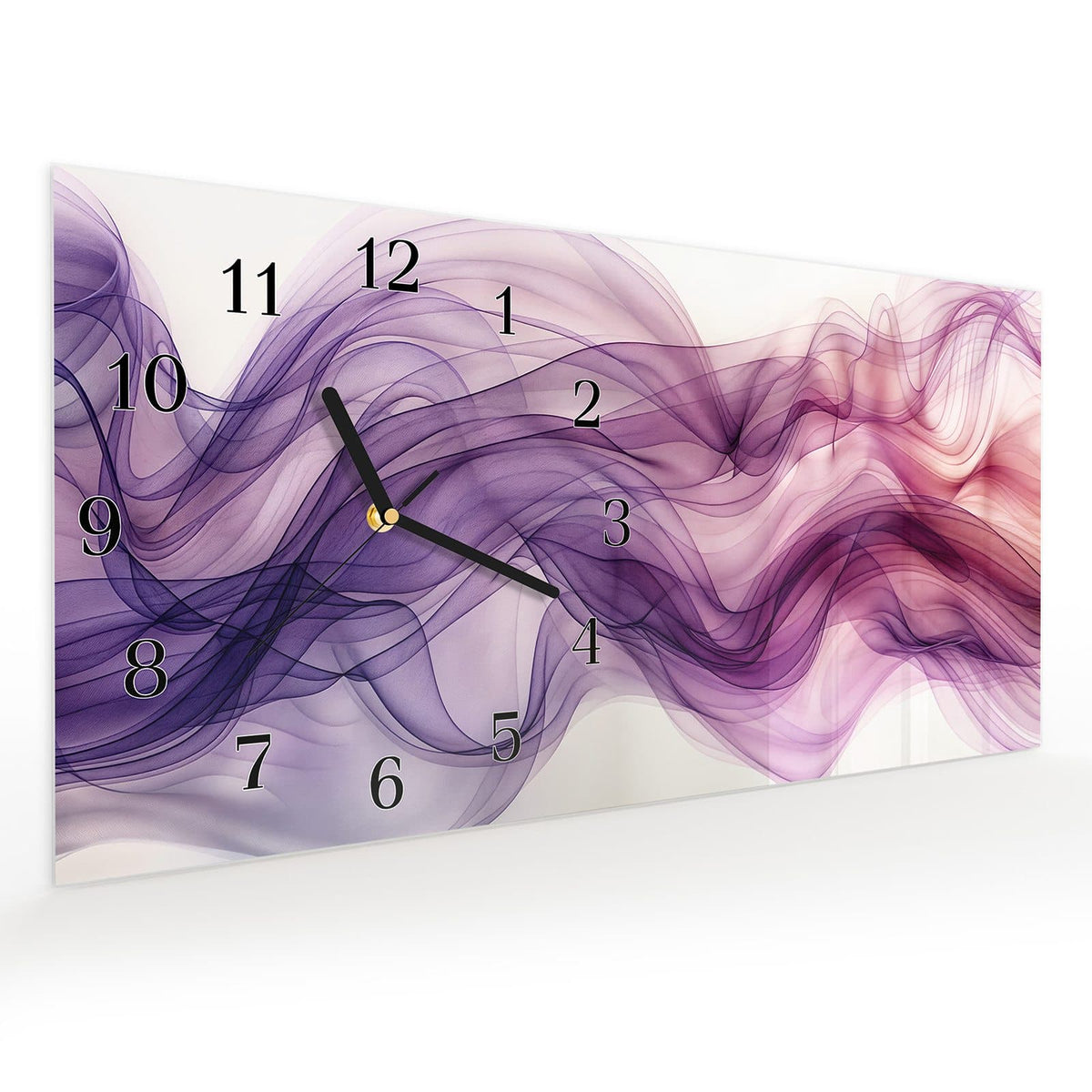 Vormontiert – mit Schwebeeffekt – Wanduhr Schwungvolle Linien aus Glas – Querformat 60 × 30 cm