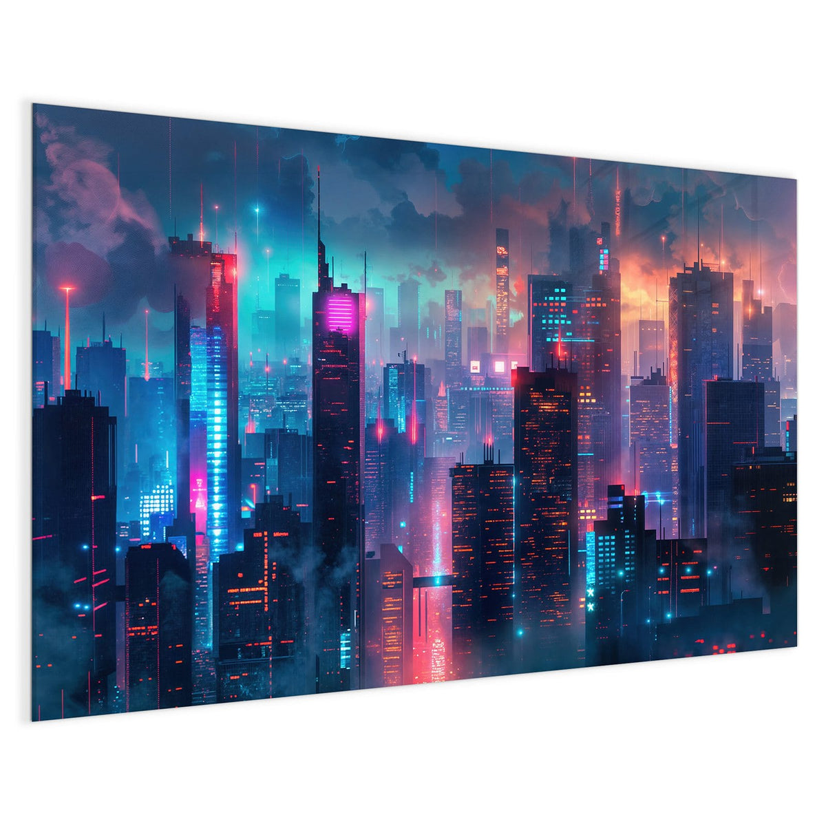 4 mm Glas statt lackiertem Blech – Magnettafel - Neon Skyline bei Nacht