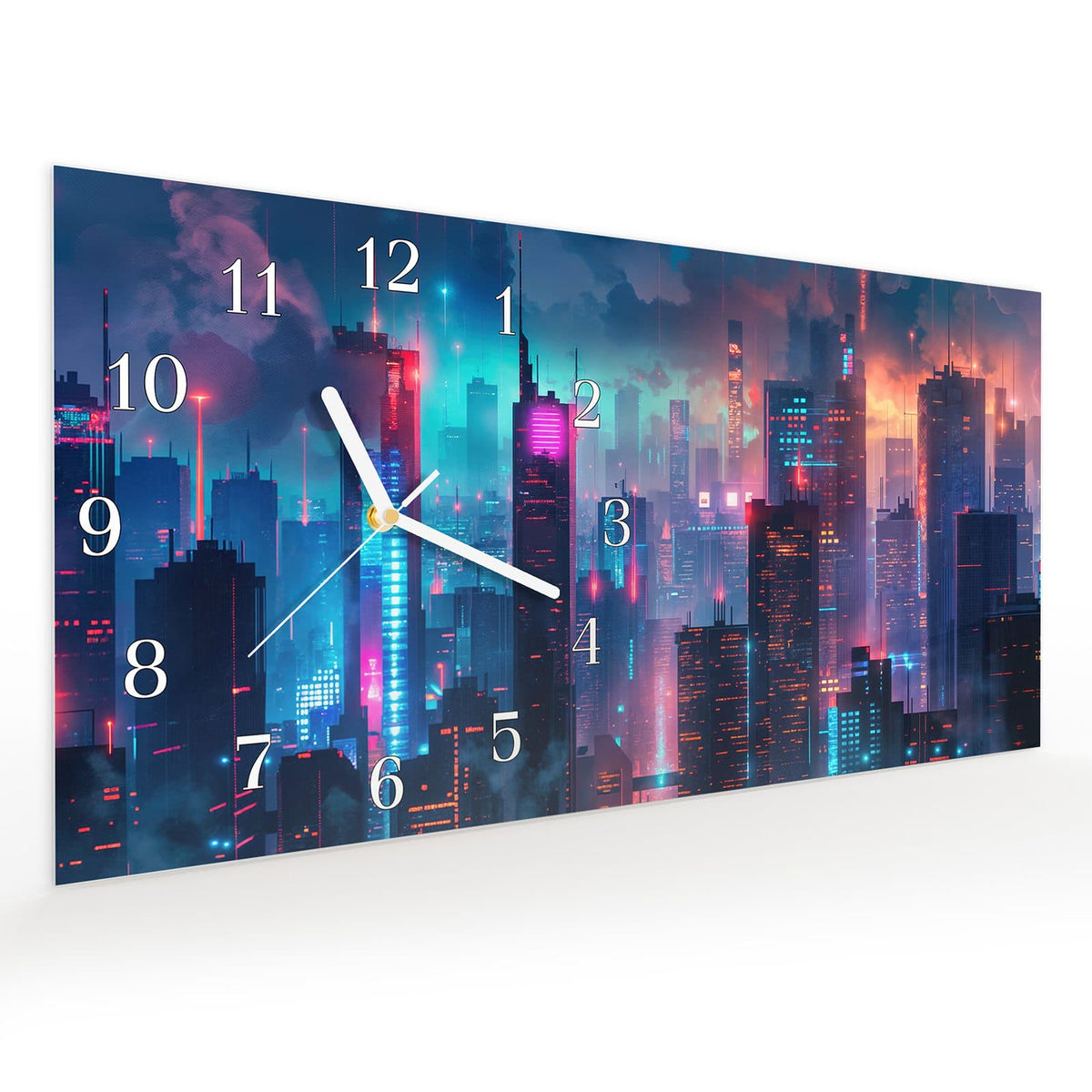 Vormontiert – mit Schwebeeffekt – Wanduhr Zukunftsstadt aus Glas – Querformat 60 × 30 cm