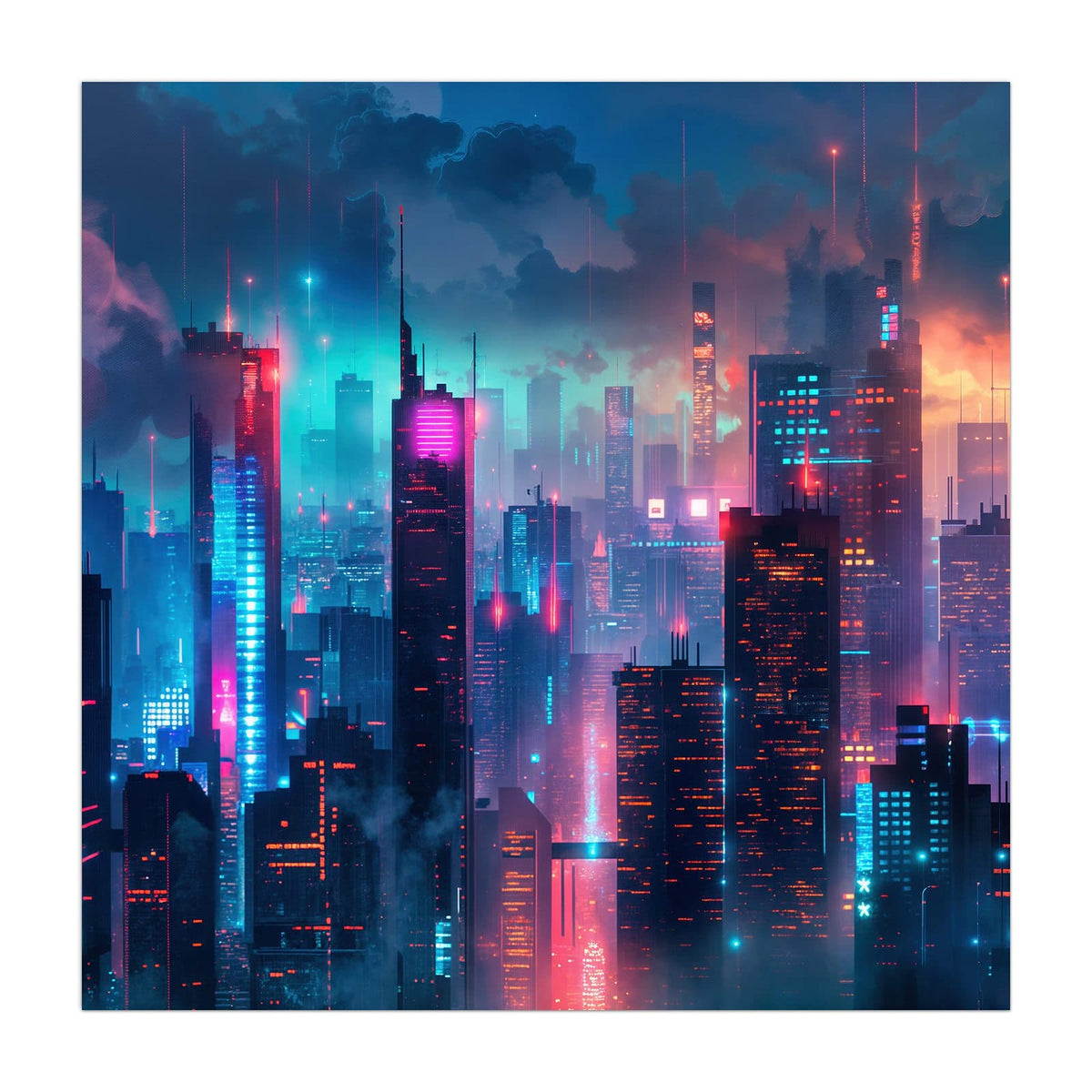 Küchenrückwand aus Glas Neon Skyline bei Nacht im quadratischen Format, Motiv bildfüllend von vorn