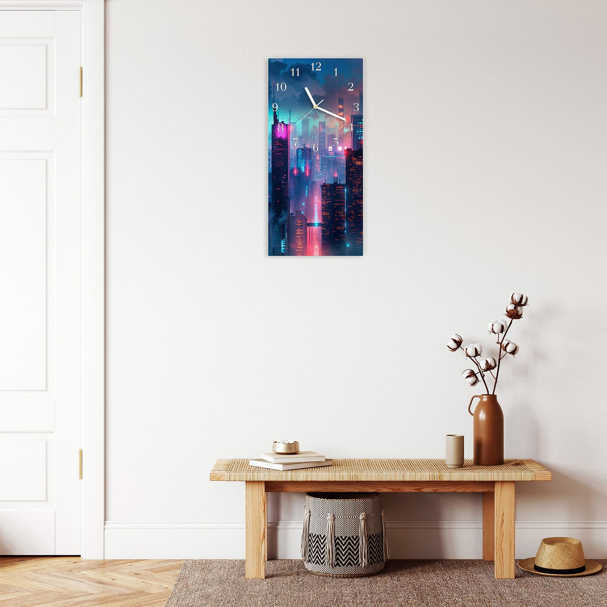 Moderne Wanduhr aus Glas mit Farbtiefe – Wanduhr Zukunftsstadt aus Glas – Hochformat 30 × 60 cm