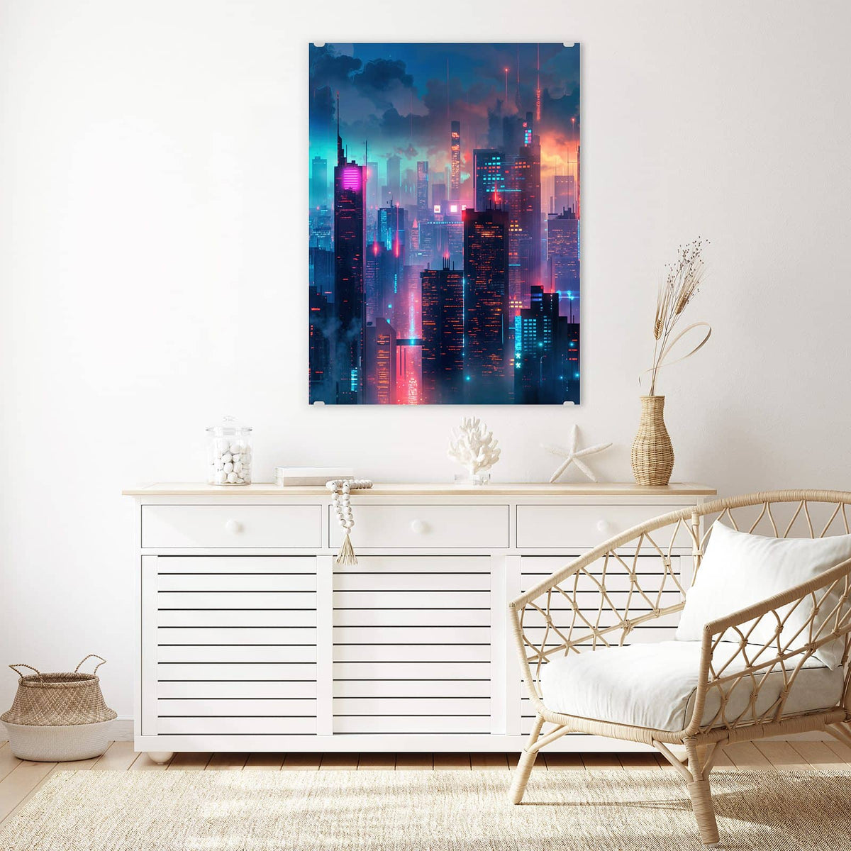 Aufhängung liegt bei – Motiv später wechselbar – Wandbild - Neon Skyline bei Nacht - Hochformat