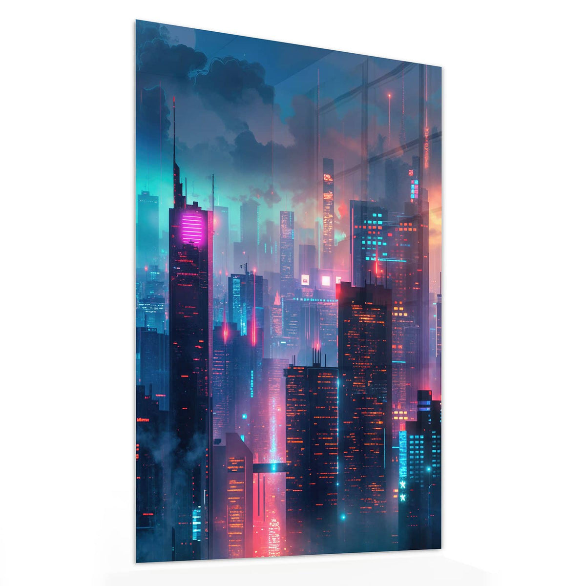 11 Größen – von 30 × 60 bis 60 × 150 cm – Wandbild - Neon Skyline bei Nacht - Hochformat
