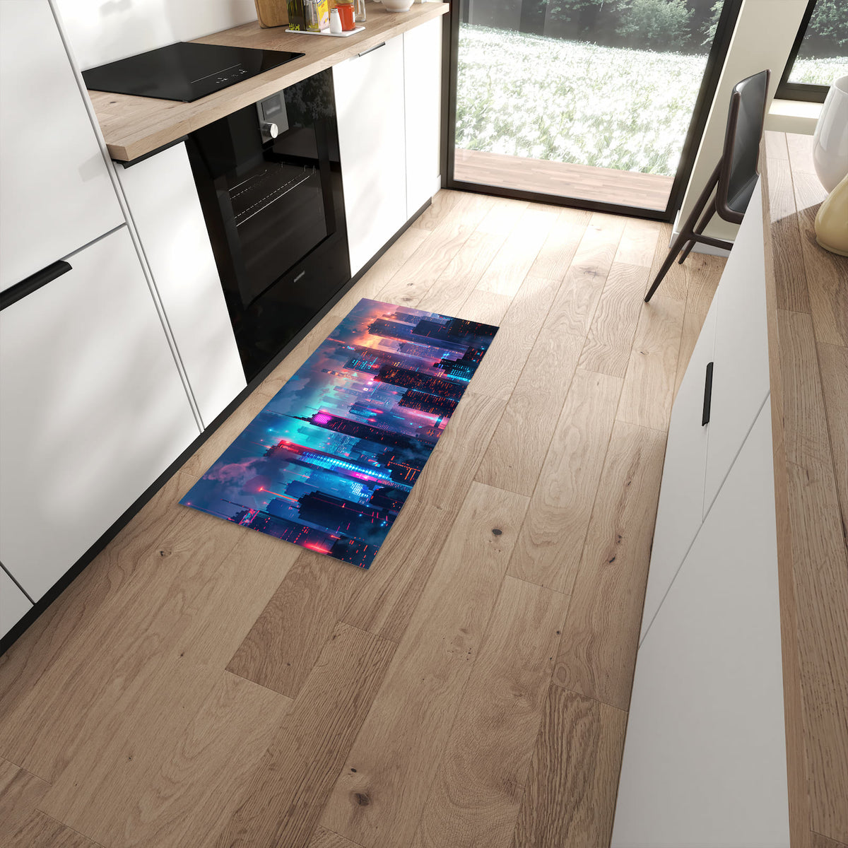Dünner Küchenteppich mit Motiv Zukunftsstadt in moderner Küche für sicheres Aufbewahren #grösse_60 x 120 cm