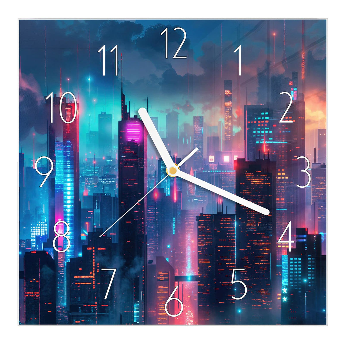 Wanduhr aus Glas, Ziffernblatt Elegant: Nächtliche Skyline aus Hochhäusern in blauem, pinkem und türkisem Neonlicht #ziffernblatt_Elegant