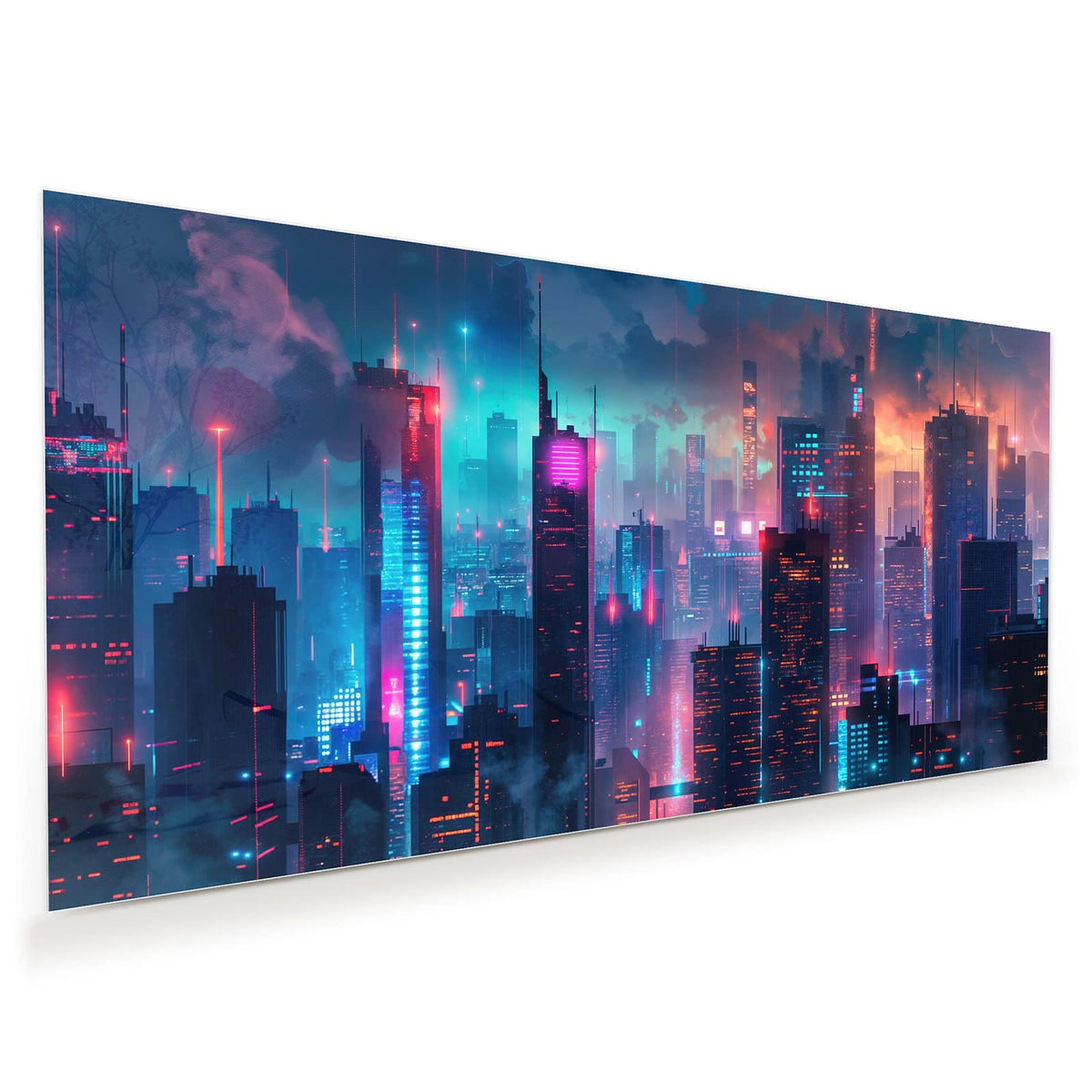Nächtliche Skyline aus Hochhäusern in blauem, pinkem und türkisem Neonlicht