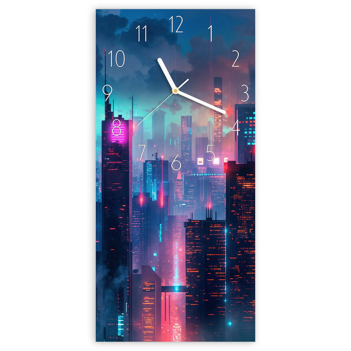 Wanduhr Zukunftsstadt aus Glas – Hochformat 30 × 60 cm mit Ziffernblatt Elegant