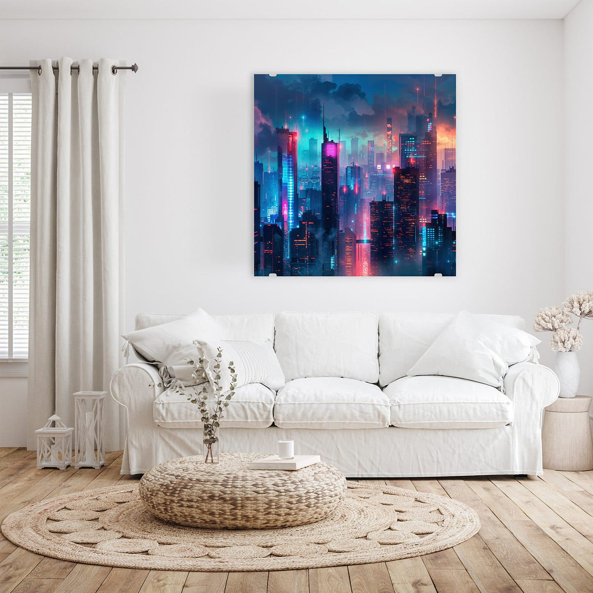 Nächtliche Skyline aus Hochhäusern in blauem, pinkem und türkisem Neonlicht