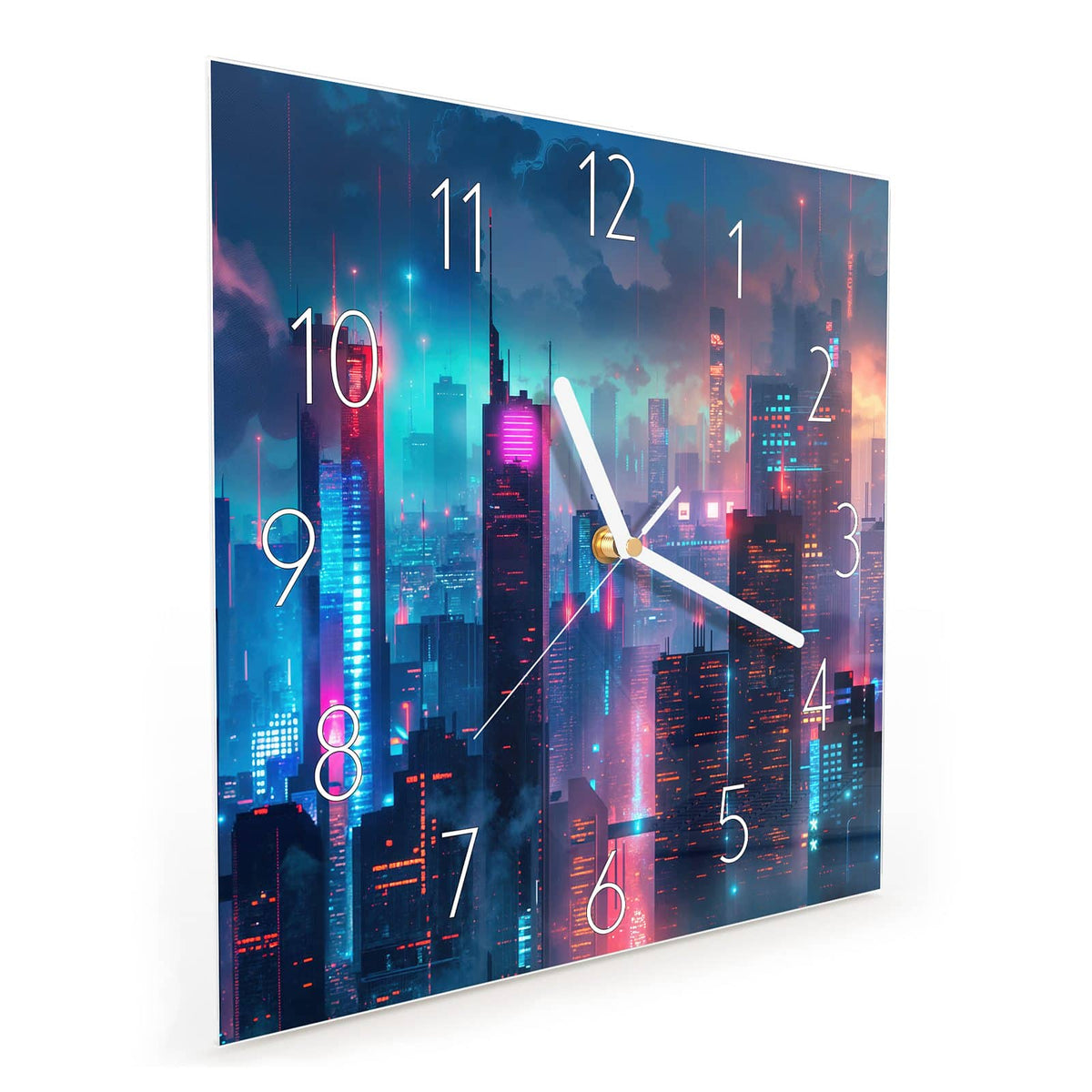 Quadratische Wanduhr aus Glas Neon Skyline bei Nacht schräg von der Seite, 4 mm starkes Glas