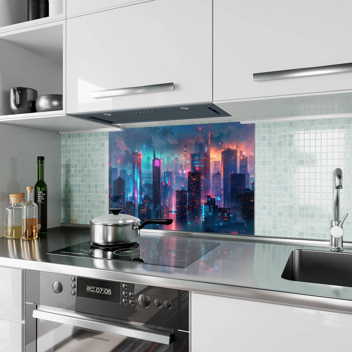 Küchenrückwand aus Glas Neon Skyline bei Nacht im Hochformat als Spritzschutz hinter dem Kochfeld, über dem Fliesenspiegel montiert